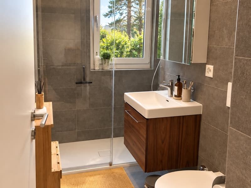 Modern bathroom with a white sink, wooden cabinet, large mirror, and a glass-enclosed shower. A small plant and toiletries are placed on the sink counter, and a view of greenery is visible through the window.