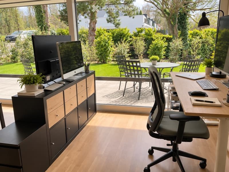 Modern office space with large windows offering a view of a green garden. Features a wooden desk, ergonomic chair, multiple screens, and a black cabinet with drawers.