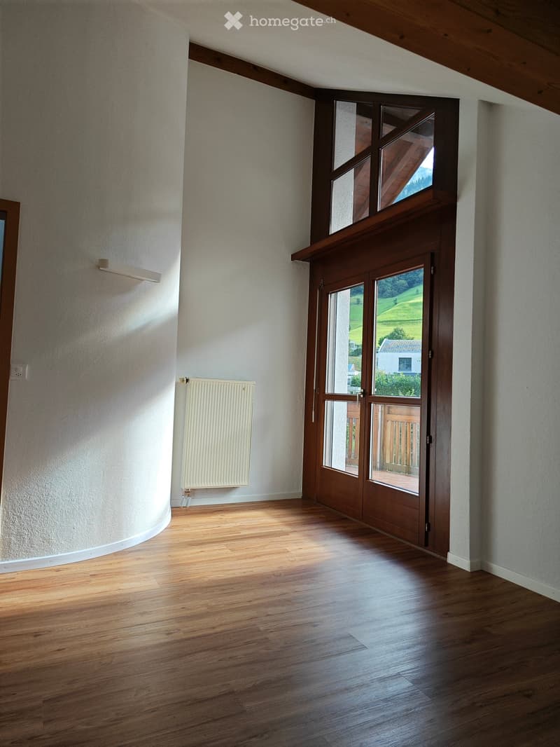Empty room with wooden flooring, white walls, a radiator, and a large wooden door leading to a balcony with a scenic view.