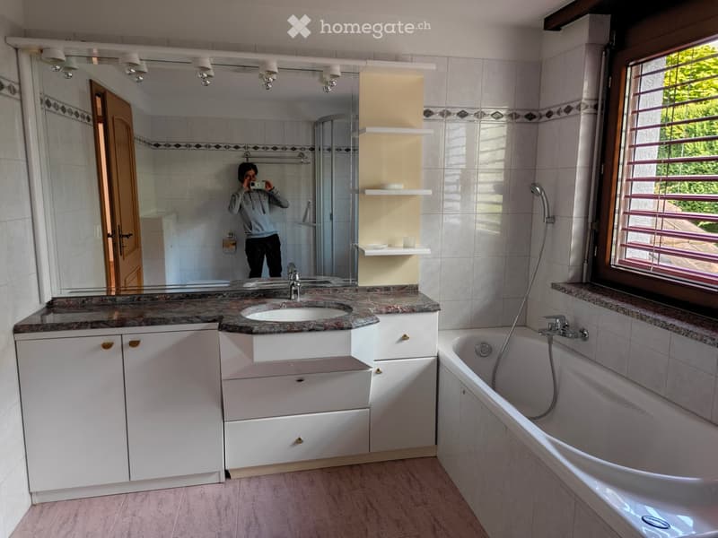 Modern bathroom with a double sink, bathtub, large mirror, and white cabinets.