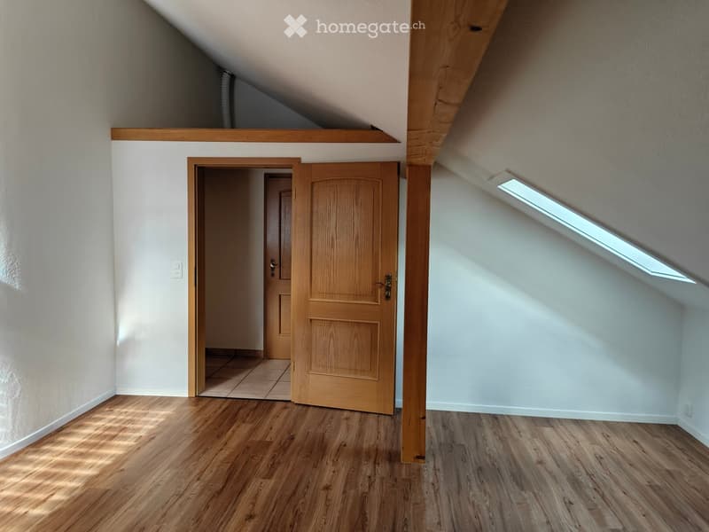 Empty attic space with wooden floors, white walls, and a skylight window providing natural light. Features an open wooden door leading to another room.