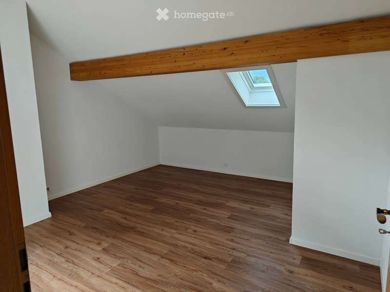 Empty attic room with wooden flooring, white walls, and a skylight window allowing natural light.