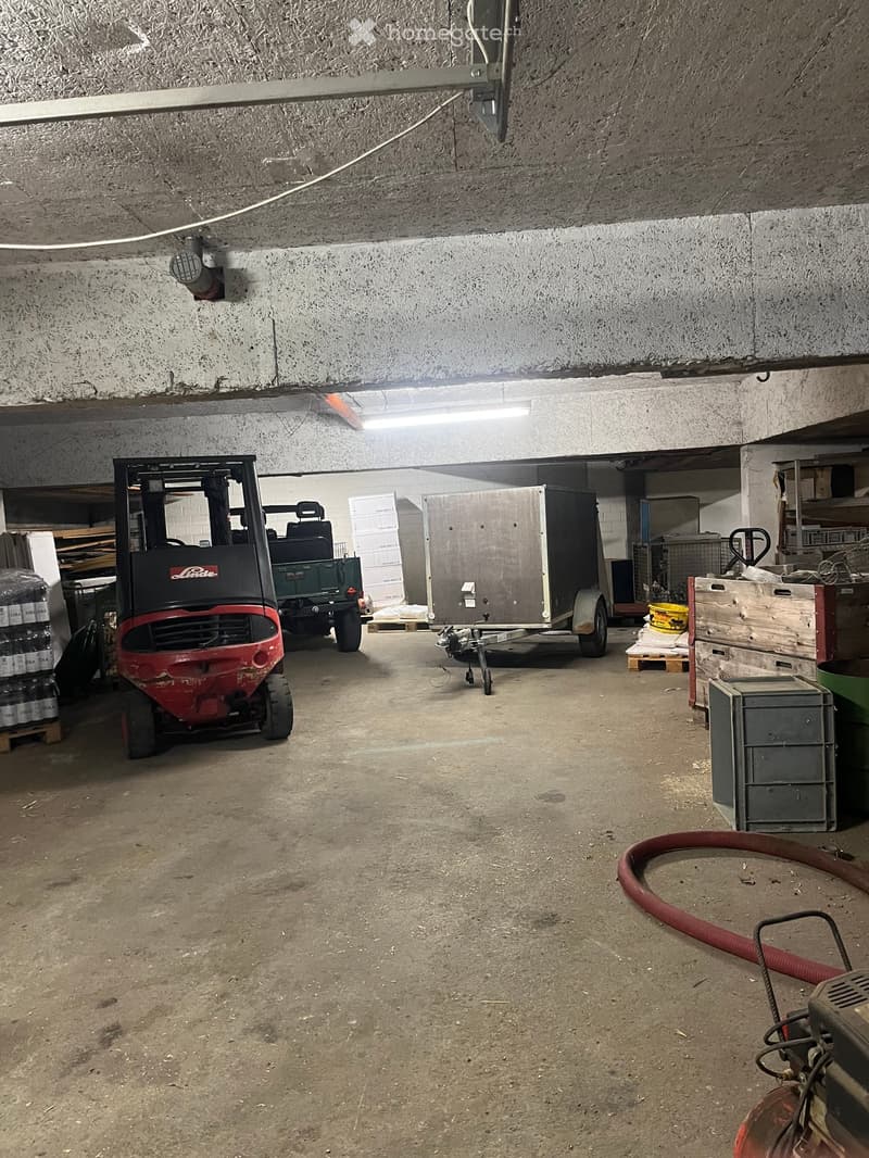 A spacious, unfinished basement or garage with a concrete floor and exposed ceiling. Contains a red and black forklift, a trailer, stacked pallets, and various storage cabinets.
