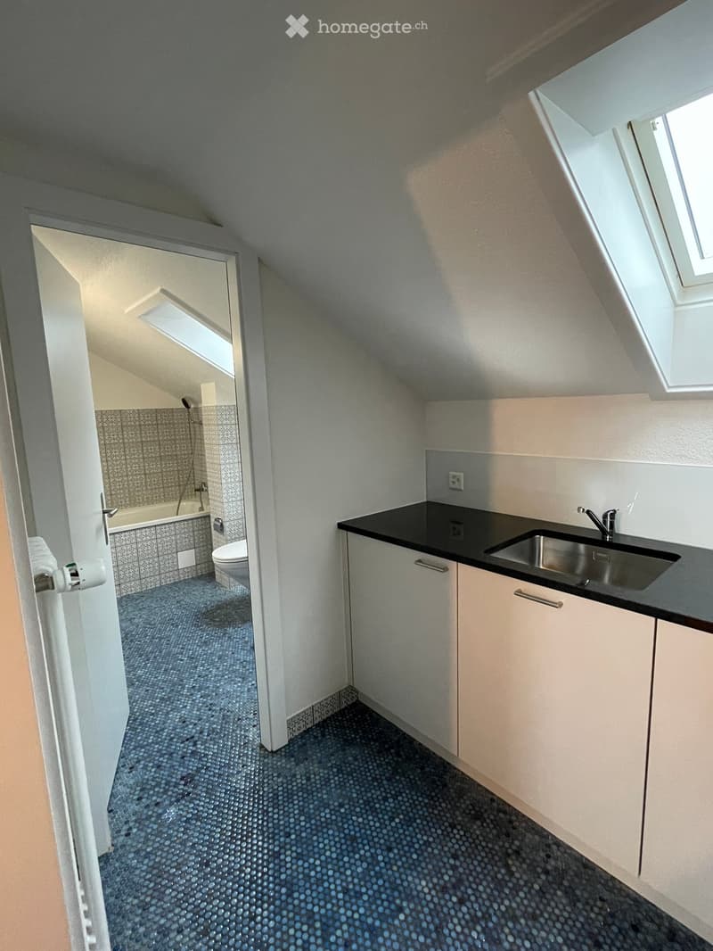 Modern bathroom with a black countertop sink, stainless steel faucet, and a bathtub with a tiled surround. The floor features a blue mosaic tile pattern.