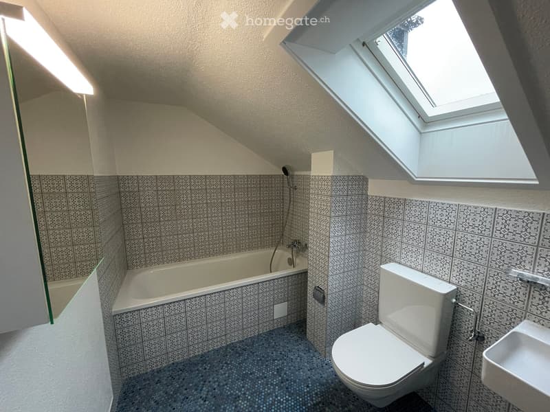 Bathroom with a bathtub, toilet, and sink, featuring patterned tiles and a skylight window.