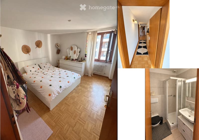 The image shows a furnished bedroom with a bed, dresser, and mirror, as well as a hallway and a bathroom with a toilet, sink, and shower.