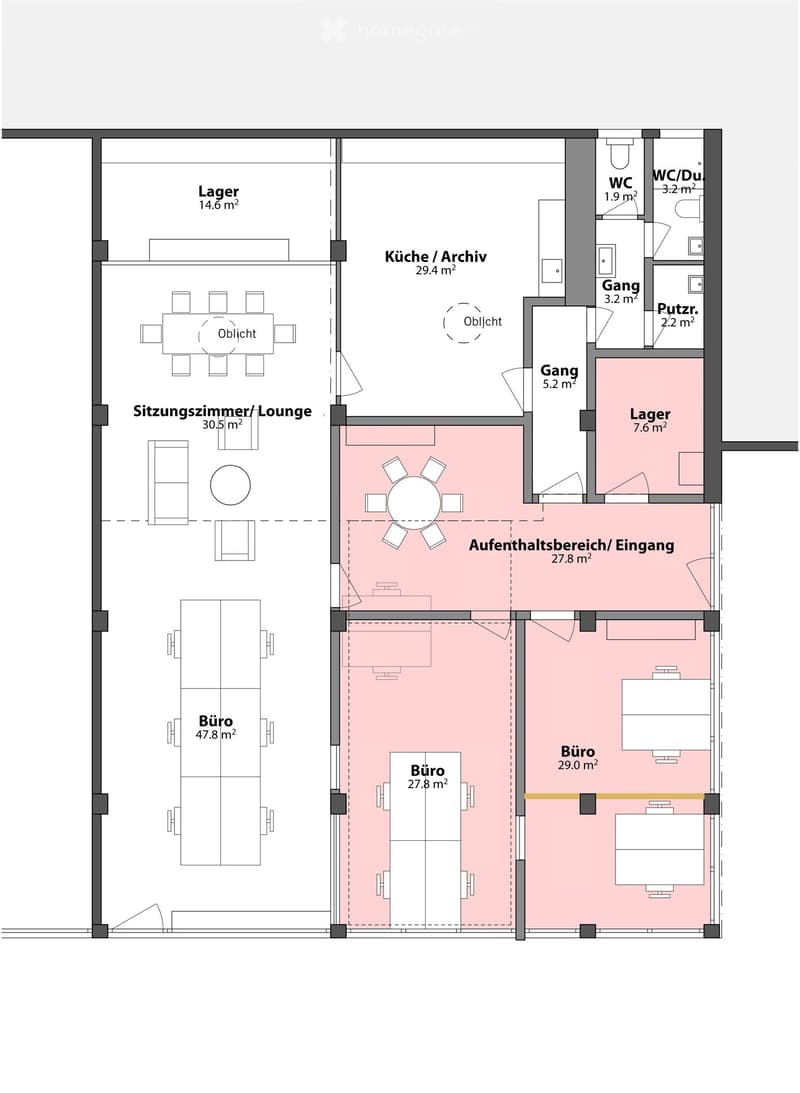 Floor plan showing a multi-purpose space with areas labeled as Lager, Küche/Archiv, WC, Gang, Putzr., Sitzungszimmer/Lounge, Büro, and Aufenthaltsbereich/Eingang. Includes seating and storage areas.