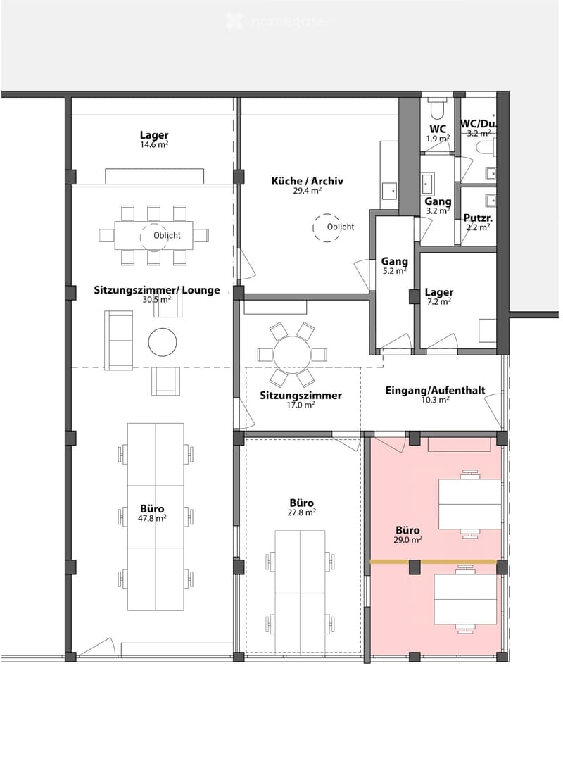 Floor plan showing multiple rooms including a lounge, office spaces, kitchen/archive, storage, and bathrooms.
