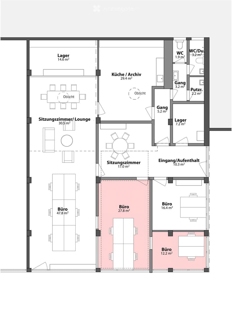 Floor plan showing multiple rooms including a kitchen/archive, lounge, office spaces, storage, and bathrooms.