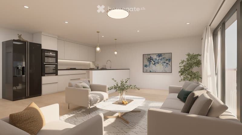 Modern open-plan living and dining area with a white sofa, coffee table, armchair, and a kitchen area featuring a refrigerator, oven, and island. The space includes a painting, plants, and a cat on top of the refrigerator.