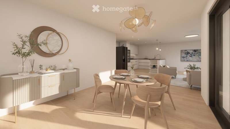 Modern open-plan living and dining area with light wood flooring, a round dining table with four chairs, a sleek cabinet, a sofa, and a kitchen area with a refrigerator and island.