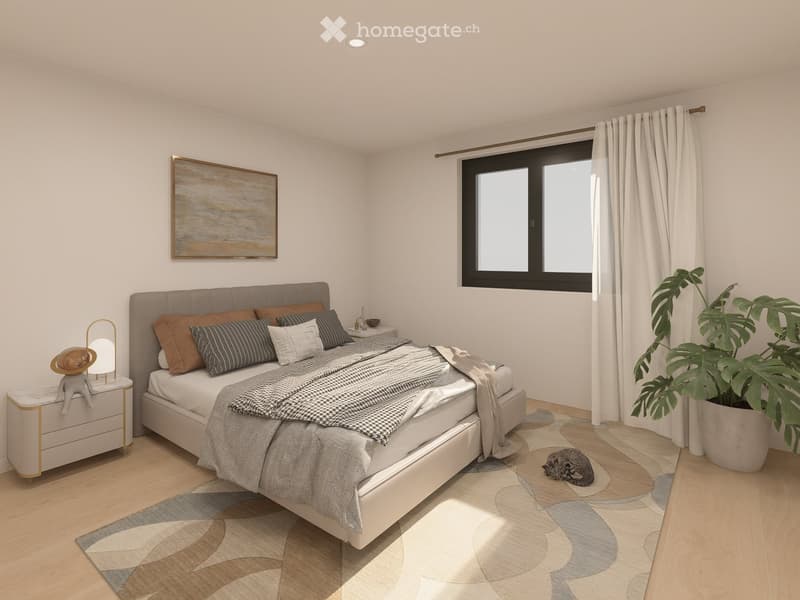 Modern bedroom with a large bed, nightstand, lamp, decorative plant, and artwork on the wall.