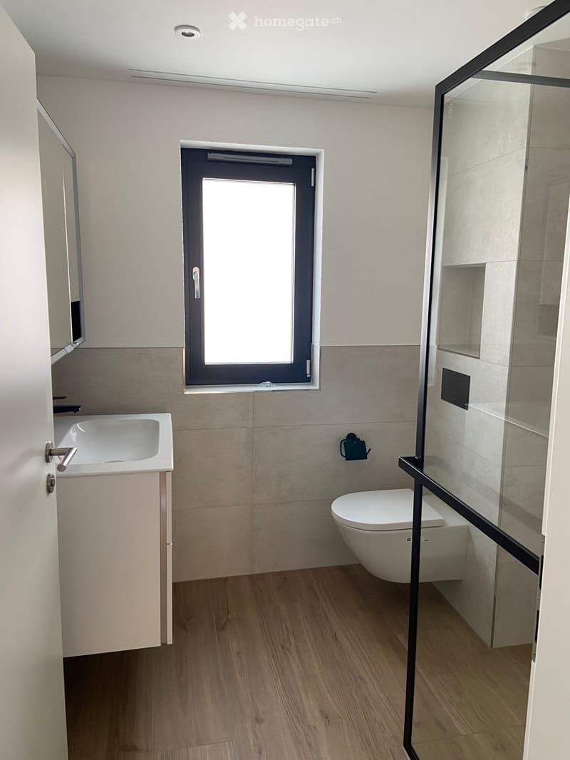 Modern bathroom with wooden flooring, a white sink, a toilet, a glass-enclosed shower, and a window providing natural light.