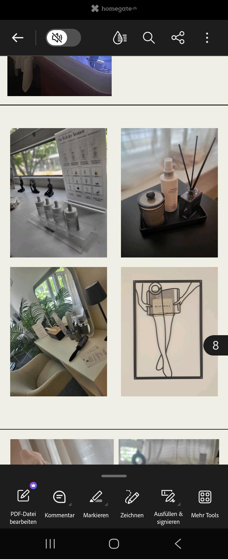 A collection of images showing a vanity area with a mirror, lamp, plant, and various cosmetic items on a table, along with a tray of scented candles and a framed artwork.