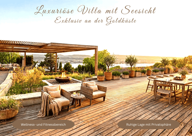Luxurious outdoor terrace with wooden decking, seating area, fire pit, and scenic lake view.