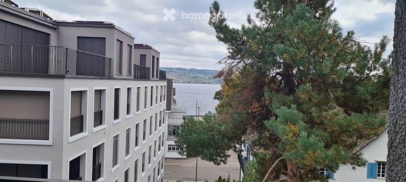 Modern multi-story building with balconies and large windows, overlooking a body of water with trees in the foreground.