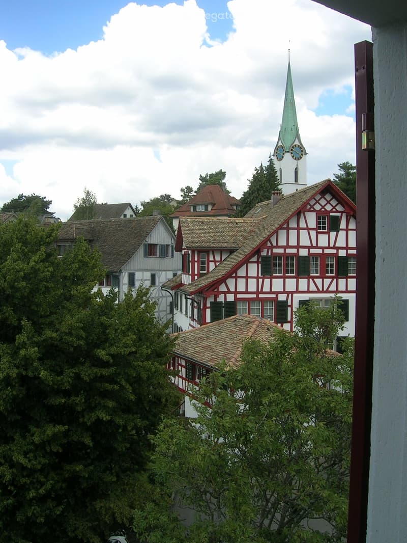 Traditional European houses with red and white timber framing, tiled roofs, and a prominent church tower with a spire and clock faces visible in the background.