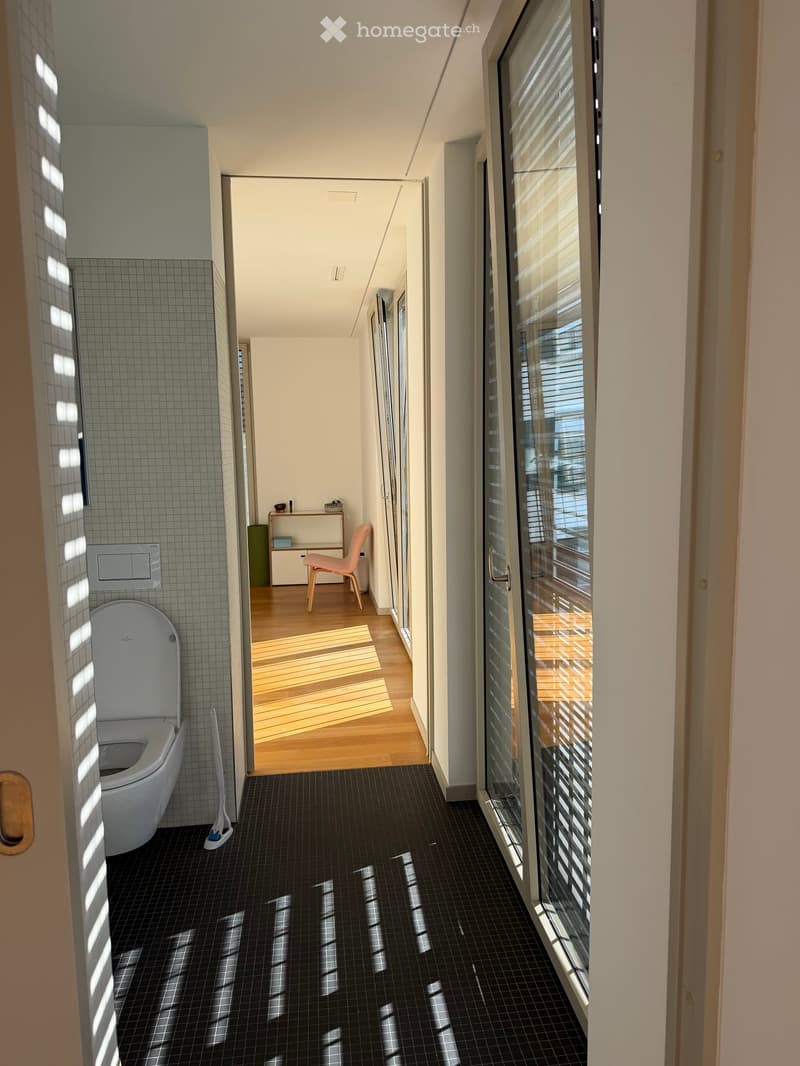 Modern hallway with black tiled floor, white walls, and a glass door leading to a balcony. Features a toilet in one room and a small pink chair in another.