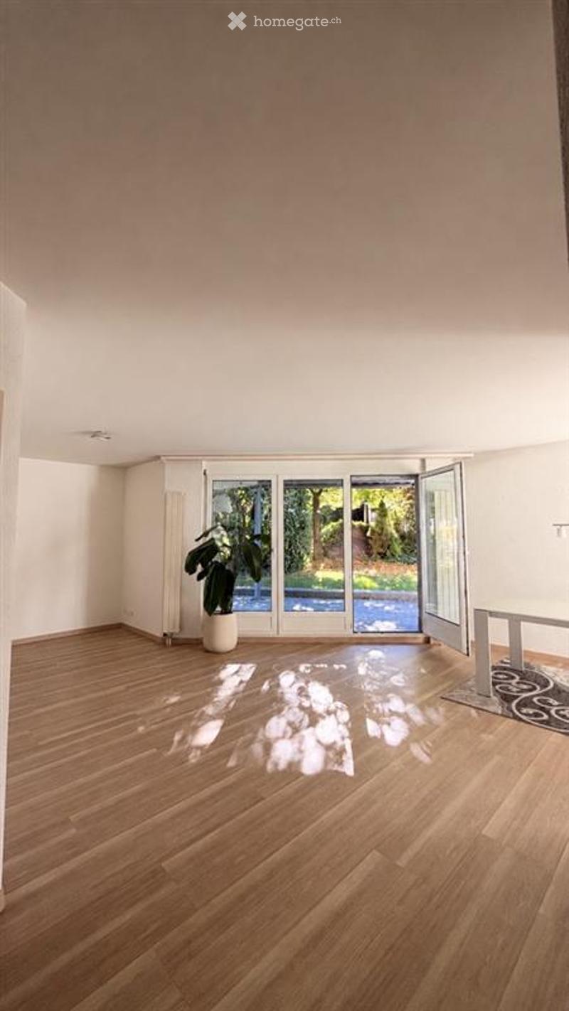 Empty room with wooden flooring, large glass sliding doors leading to an outdoor area, and a single potted plant near the entrance.