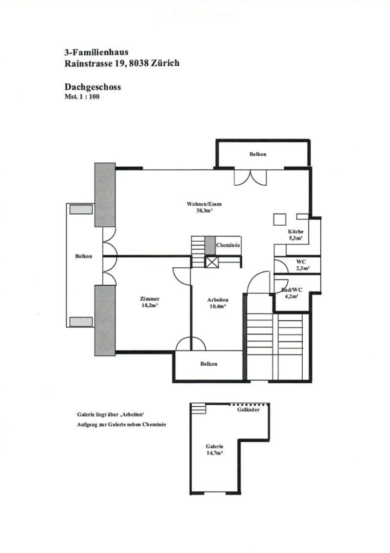 Floor plan of a 3-family house attic level, featuring living/dining area, kitchen, bedroom, work area, bathrooms, and multiple balconies.