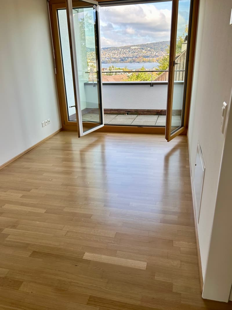 Empty room with light wooden flooring and large glass doors leading to a balcony with scenic views.