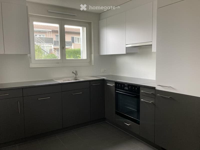 Modern kitchen with dark grey cabinets, a stainless steel sink, and a built-in oven. The space features large windows offering a view of the exterior.