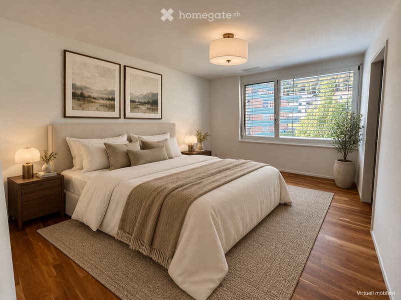 Modern bedroom with a large bed, nightstands, table lamps, artwork, and a potted plant near the window.