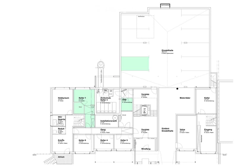 Floor plan of a basement level showing multiple rooms including hobby room, cellar spaces, WC, sauna, and entrance area.