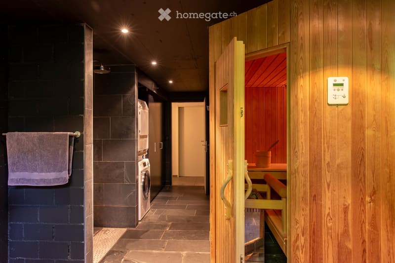 A modern hallway with a sauna area visible through an open door, featuring wooden walls, a tiled floor, and a washing machine in the adjacent space.