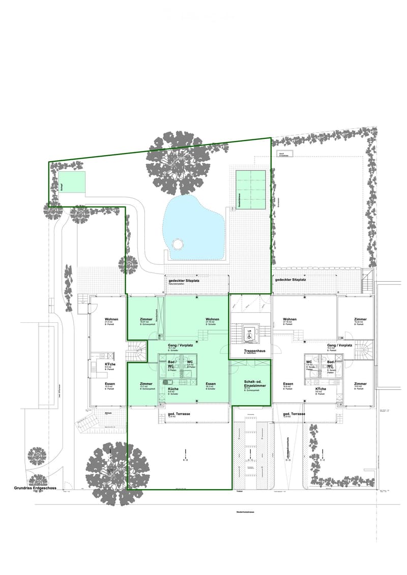 Ground floor plan of a residential building showing multiple rooms including living spaces, bedrooms, kitchen, bathrooms, and outdoor areas.