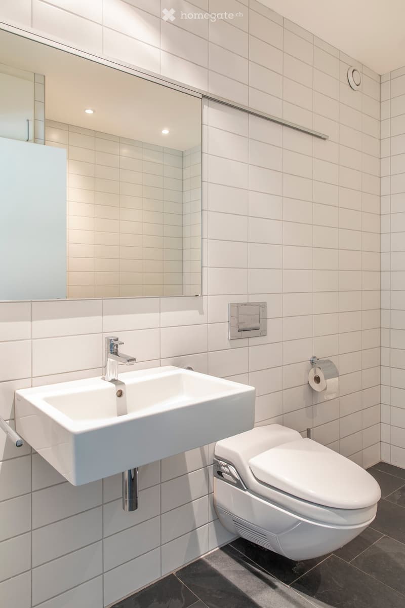 Modern bathroom with white tiles, a wall-mounted sink, a toilet, a mirror, and a toilet paper holder.