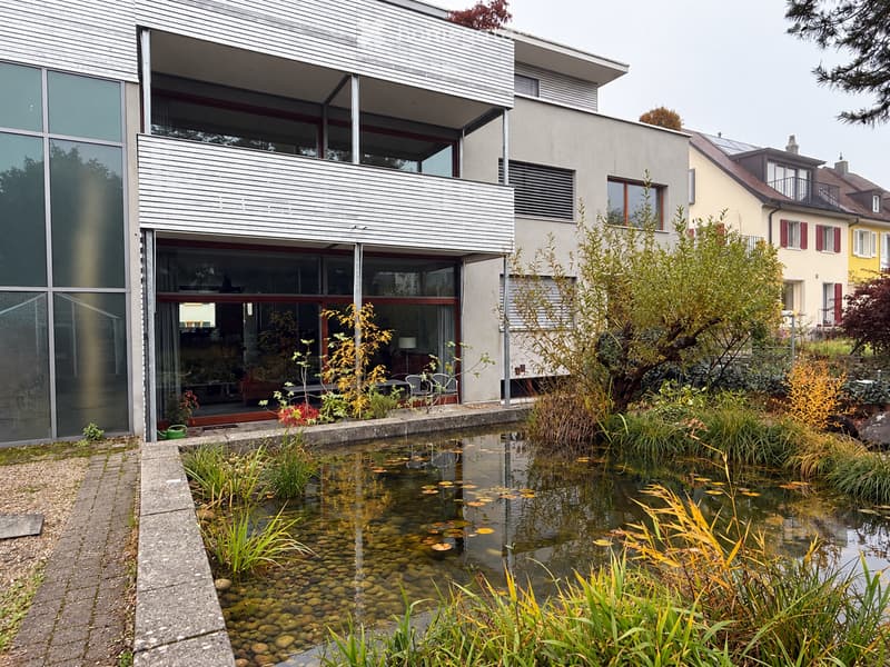 Modern two-story house with large glass windows and a raised ground floor, surrounded by a garden with a pond and various plants.