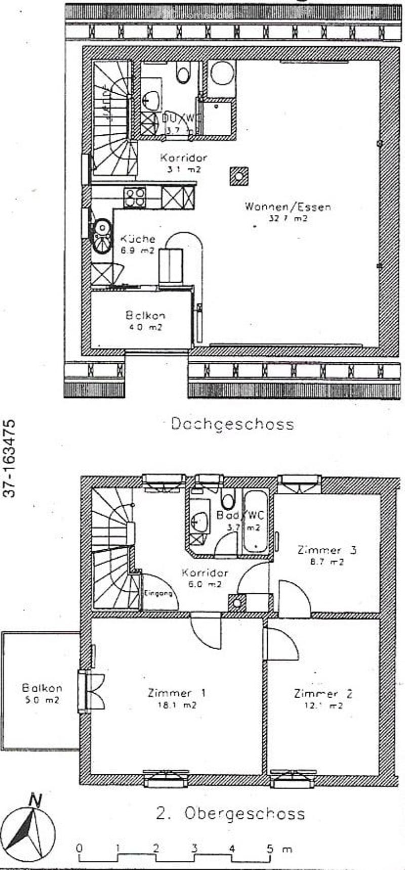 Floor plan showing two levels: ground floor with kitchen, living/dining area, balcony, and corridor; upper floor with three bedrooms, bathrooms, and balcony.