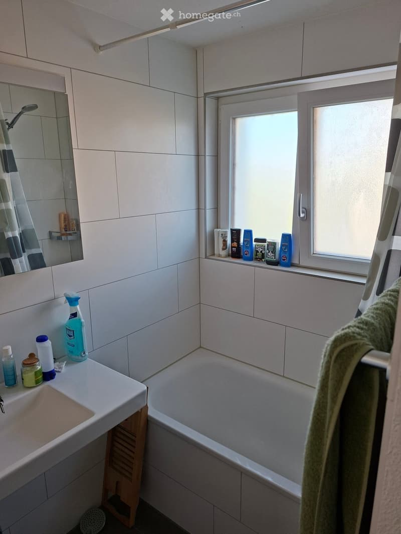 Modern bathroom with a bathtub, sink, mirror, and various toiletries on the windowsill and sink counter.