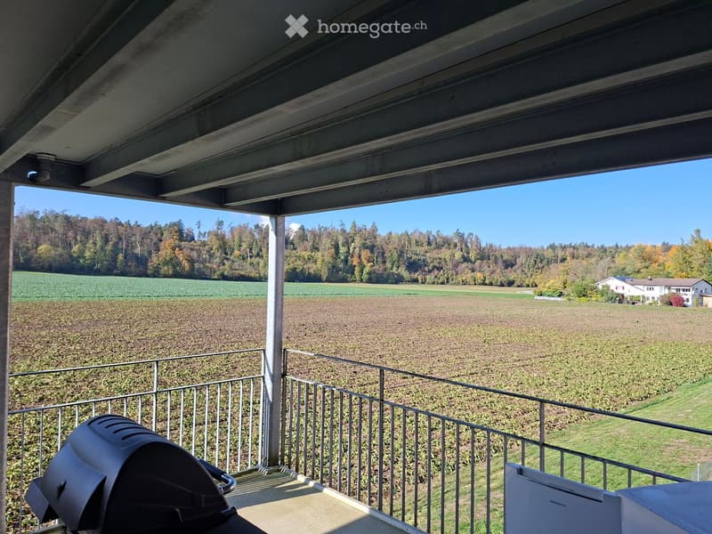 Balcony with metal railing, overlooking a large field and forested area, with a grill on the left side.