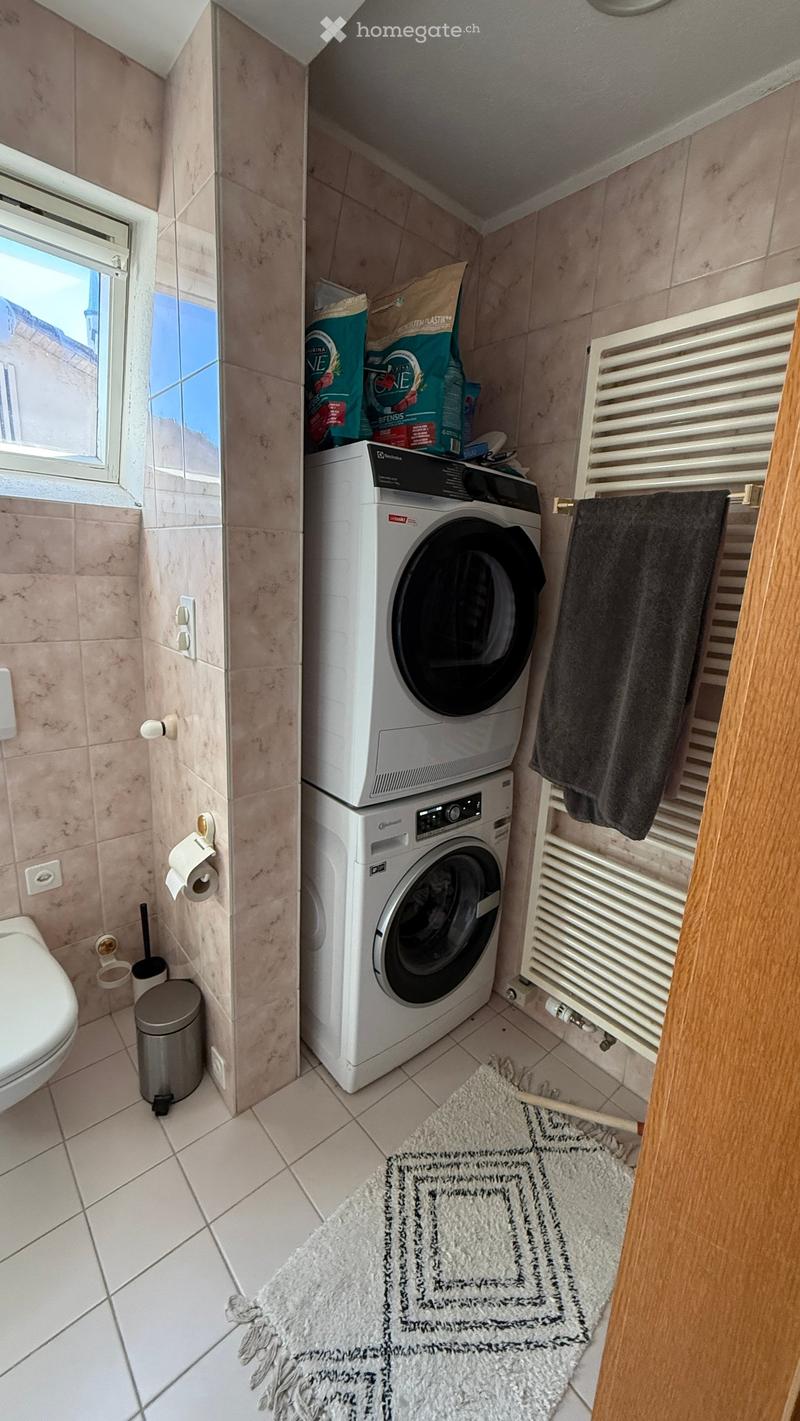Bathroom with a washing machine, toilet, radiator, and a small rug on the floor.