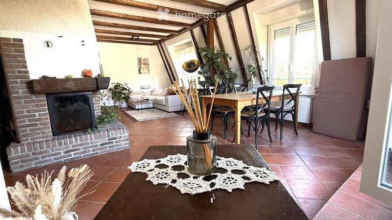 A cozy living room with exposed wooden beams, a brick fireplace, a sofa, a coffee table, a dining table with chairs, and decorative plants.