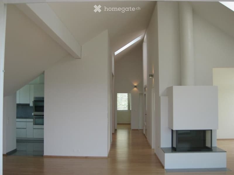 Bright, modern hallway with wooden flooring, white walls, and recessed lighting. Features a built-in fireplace on the right and a glimpse of a modern kitchen on the left.