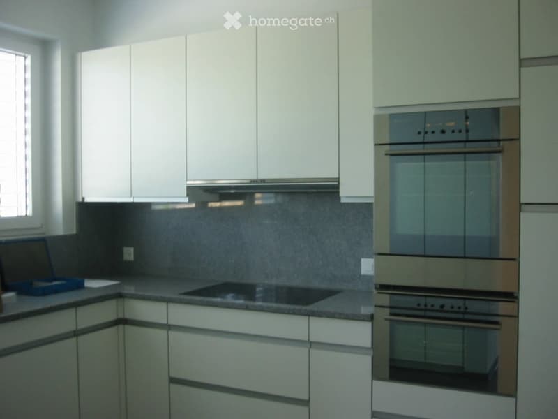 Modern kitchen with white cabinets, stainless steel appliances, and a dark countertop.