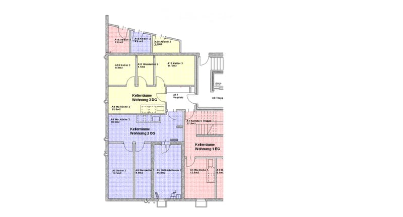 Floor plan showing three residential units across three levels, including kitchens, living spaces, bedrooms, and shared areas.