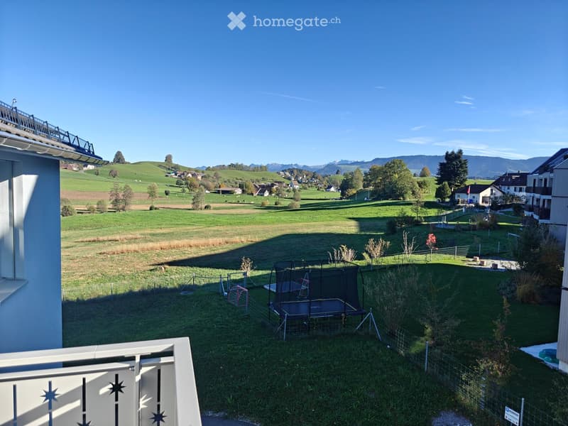 A spacious garden with a trampoline, fenced area, and a view of green fields and distant mountains.