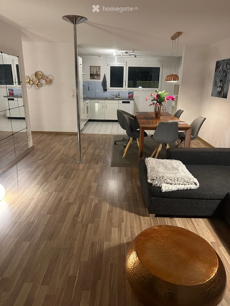 Modern living and dining area with wooden flooring, a grey sofa with a white throw, a round copper coffee table, a wooden dining table with six chairs, and a small kitchen area with white cabinets and a sink.