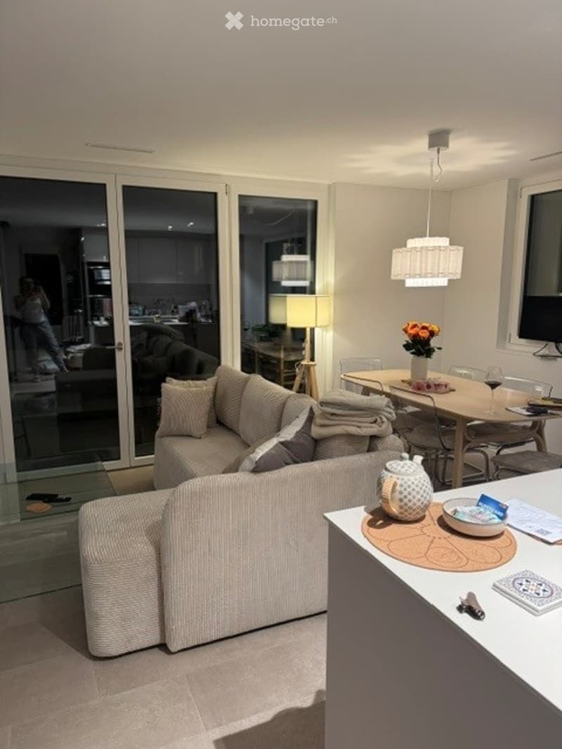 Modern living and dining area with large glass sliding doors leading to a balcony, a grey sectional sofa, a coffee table, a dining table with chairs, a floor lamp, and decorative items including a flower vase and wine glass.
