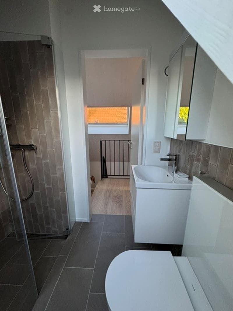 Modern bathroom with a white sink, mirror, and toilet. The shower area has a glass enclosure and tiled walls. A small window provides natural light.