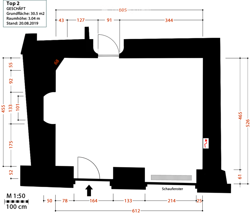 Floor plan of a commercial space with dimensions and layout details, including a window and entrance.