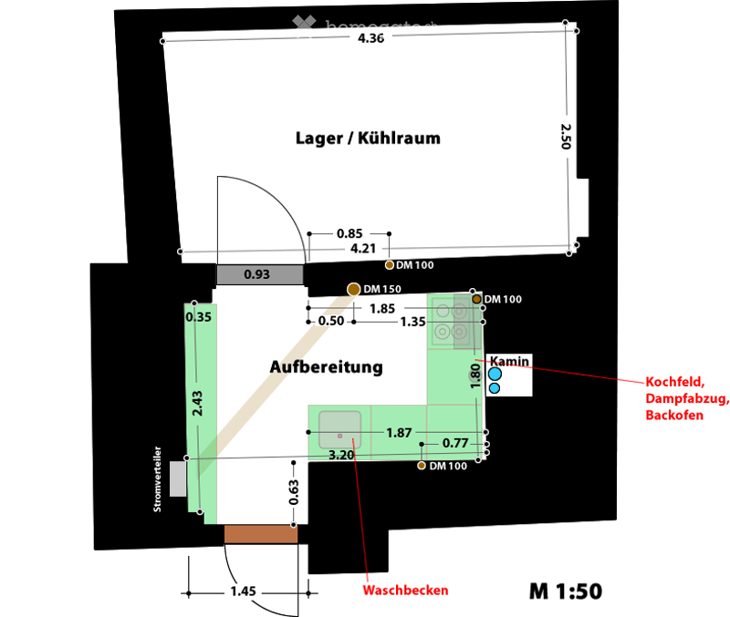 Layout of a commercial space including a storage/cooling room, preparation area, and a kitchen with a stove, steam duct, and oven.