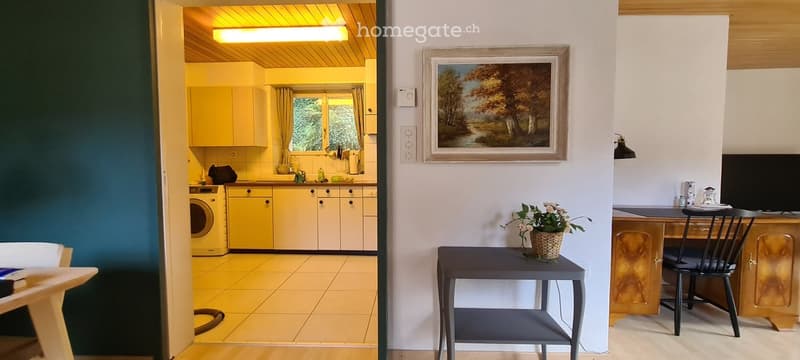 A cozy living space with a small table and chairs, a painting on the wall, a flower pot, and an open kitchen area with yellow cabinets, a dishwasher, and a washing machine.