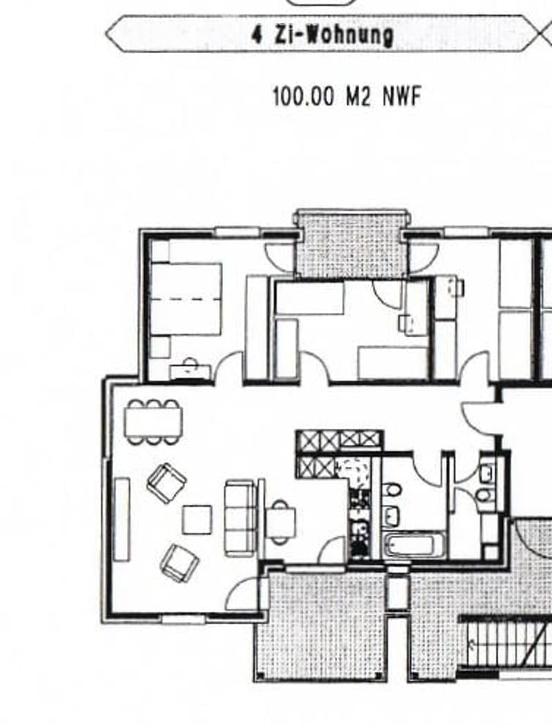 Floor plan of a 4-room apartment with 100.00 m2 net usable floor area. Layout includes living room, kitchen, 2 bedrooms, 2 bathrooms, and hallway.