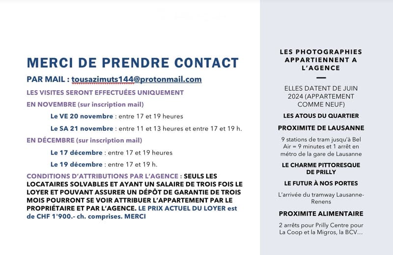 Rental notice for an apartment in Prilly, near Lausanne, with contact details, visit dates, and rental conditions.