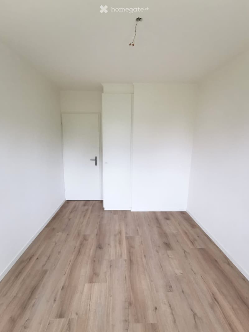 Empty room with light wooden flooring and white walls, featuring a single white door and a visible electrical outlet on the wall.